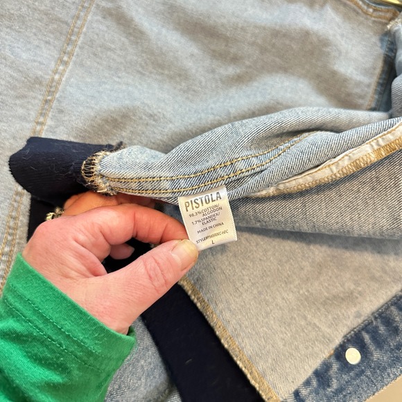 Pistola Denim Trucker Jacket Distressed Light Wash Varsity Cuffs Size L - Picture 9 of 11